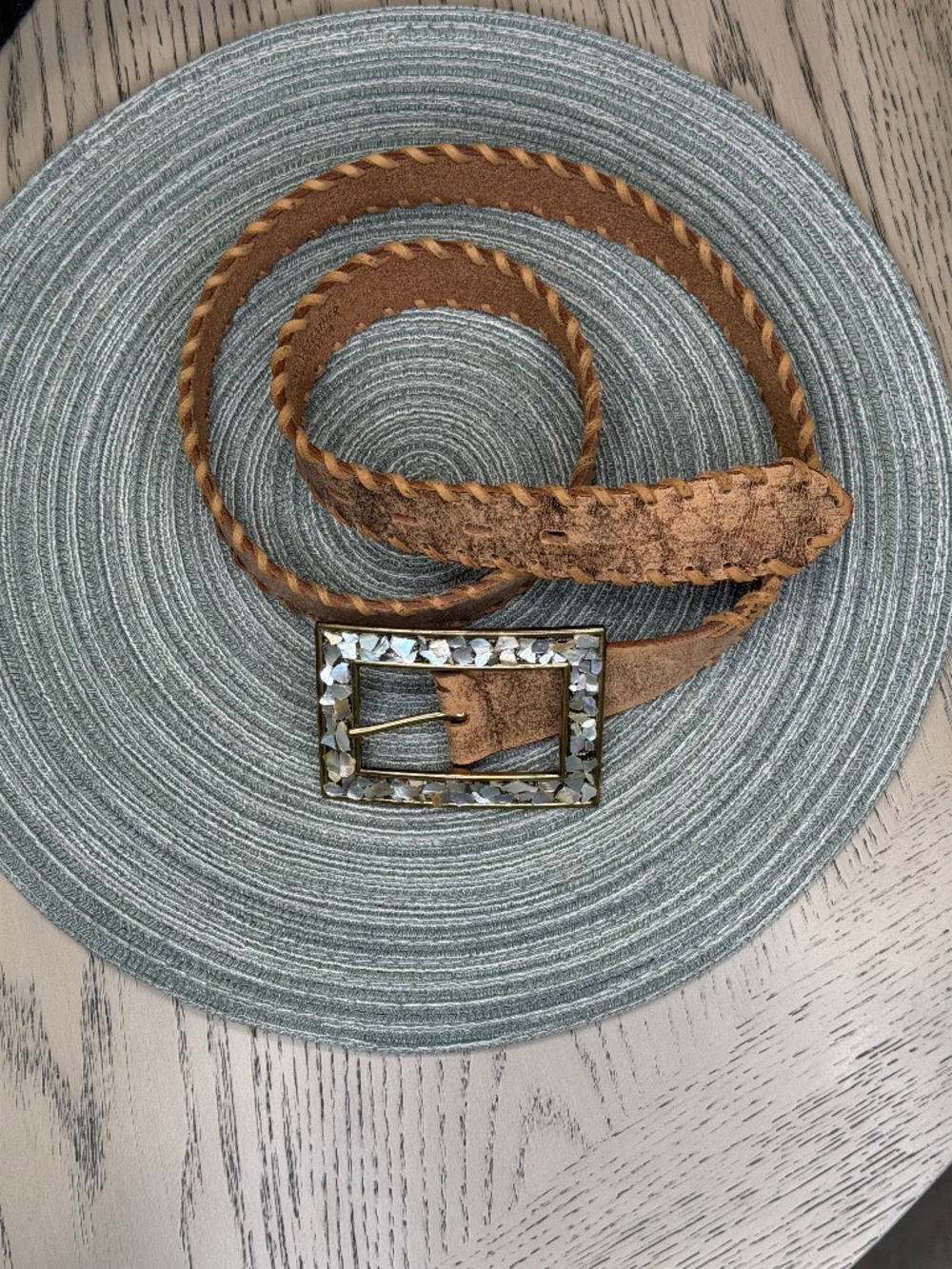 Vintage Distressed Leather Belt with Whipstitching and Mother of Pearl Buckle